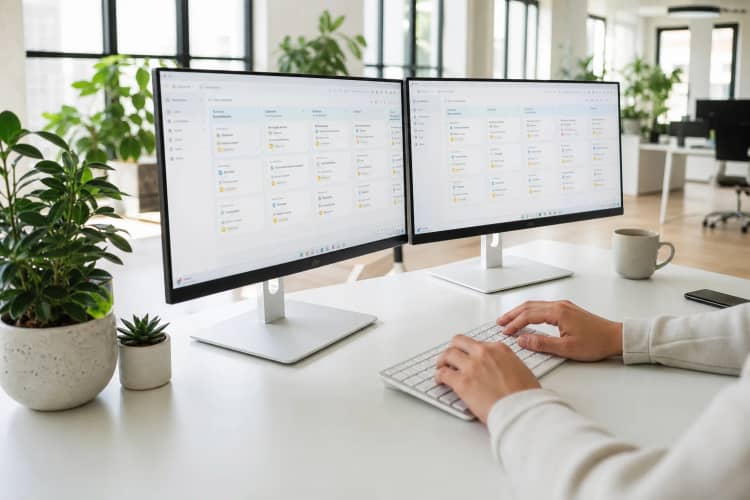 Bright office desk with dual monitors showing a light-mode CRM pipeline